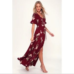 NWOT Lulus September Sunsets Burgundy Floral Print Wrap Maxi Dress